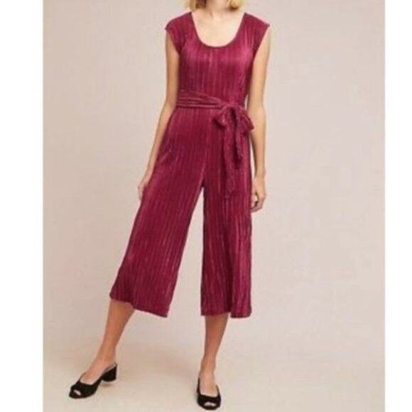 Anthropologie Maeve Sonata Wine Pleated Wide Leg Cropped Jumpsuit Size 4 - Picture 1 of 8